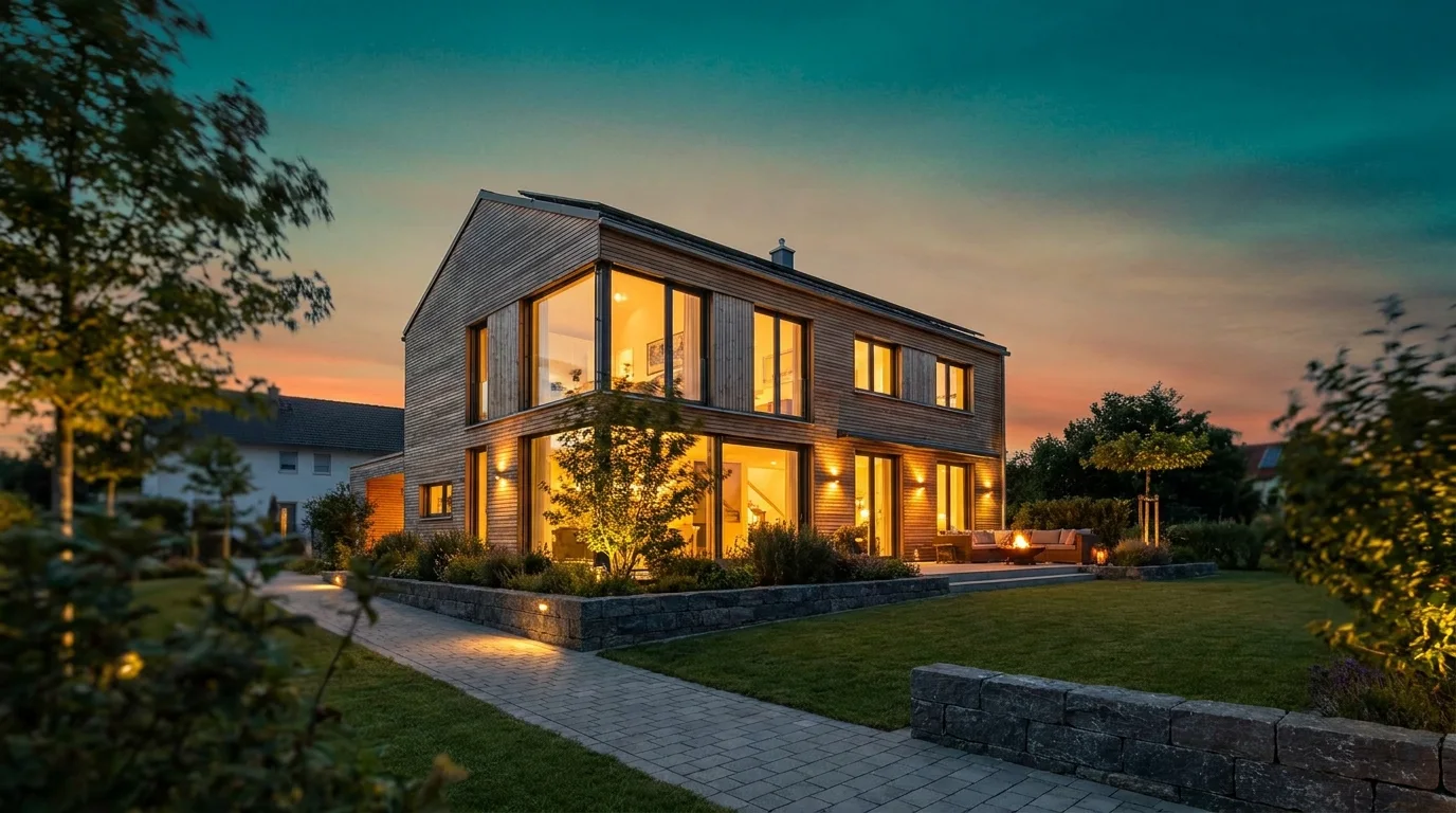 Modernes, gut abgesichertes Einfamilienhaus in der Abenddämmerung mit beleuchteten Fenstern.