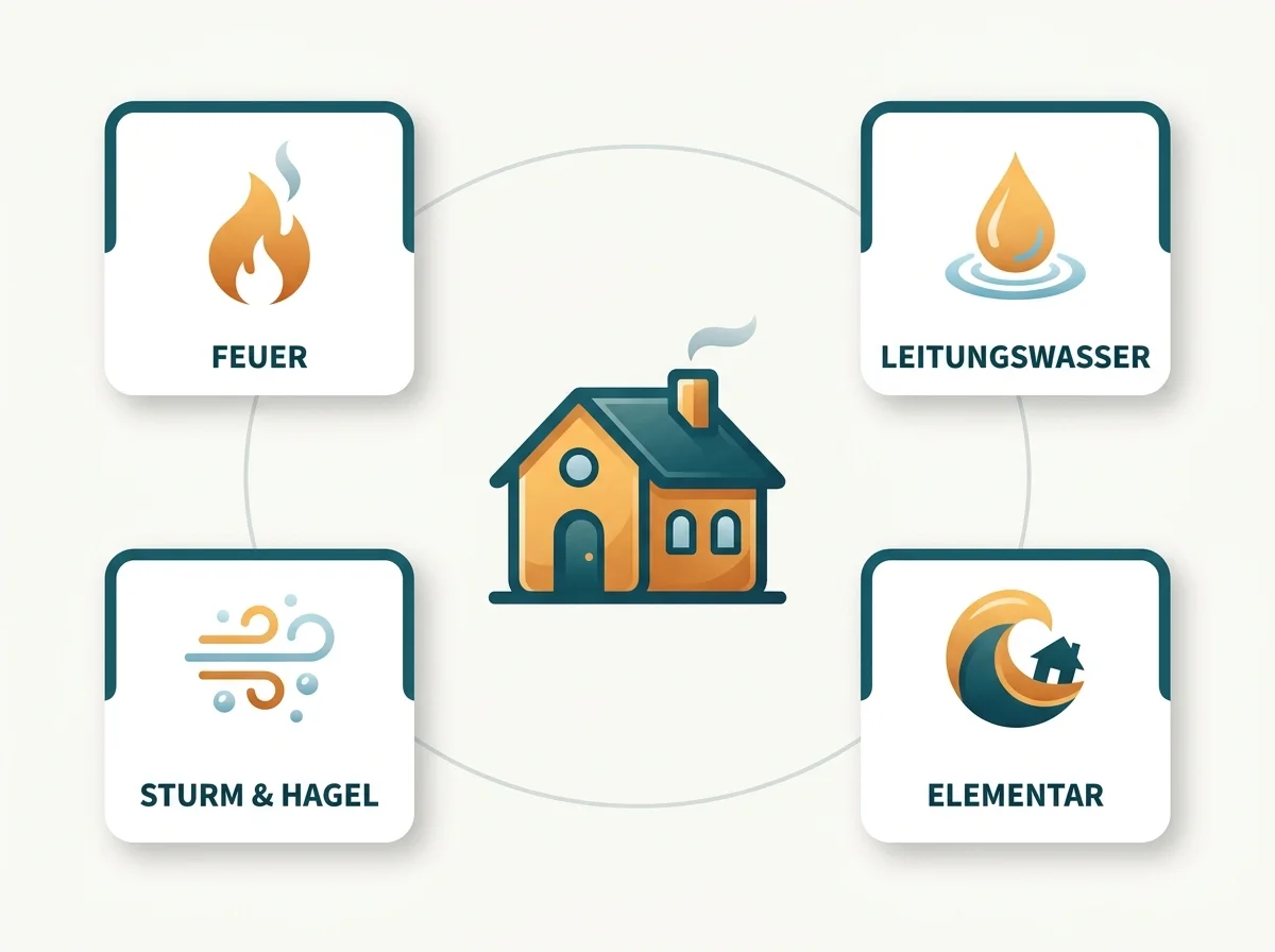 Infografik: Die Wohngebäudeversicherung deckt Feuer, Leitungswasser, Sturm & Hagel und Elementarschäden ab.