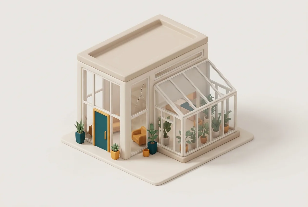 Haus mit Wintergarten und gesprungener Fensterscheibe als Symbol für die Glasversicherung