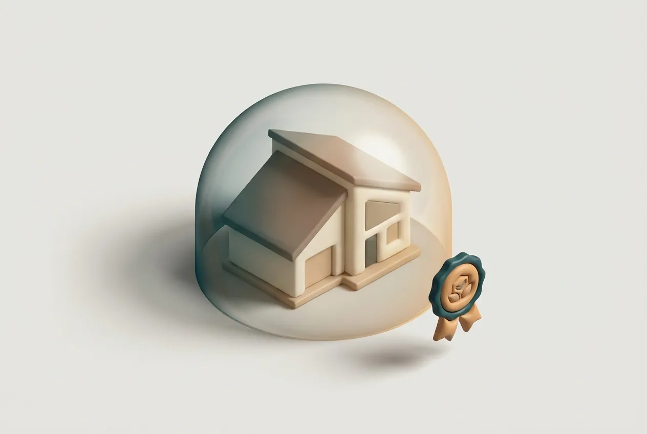 Haus unter Schutzschild mit Gütesiegel als Symbol für die Domcura Gebäudeversicherung