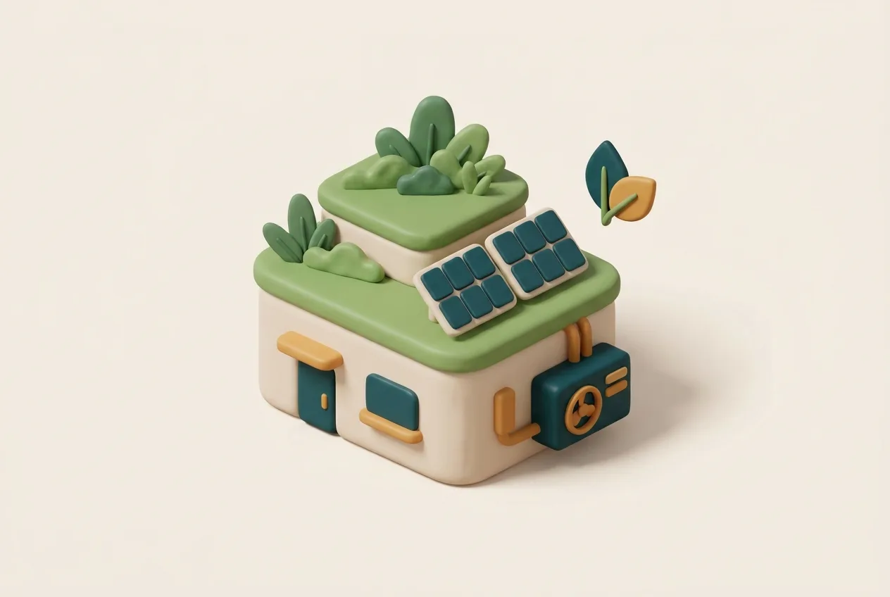 Nachhaltiges Haus mit Gründach, Solaranlage und Wärmepumpe als Symbol für die Bayerische Wohngebäudeversicherung