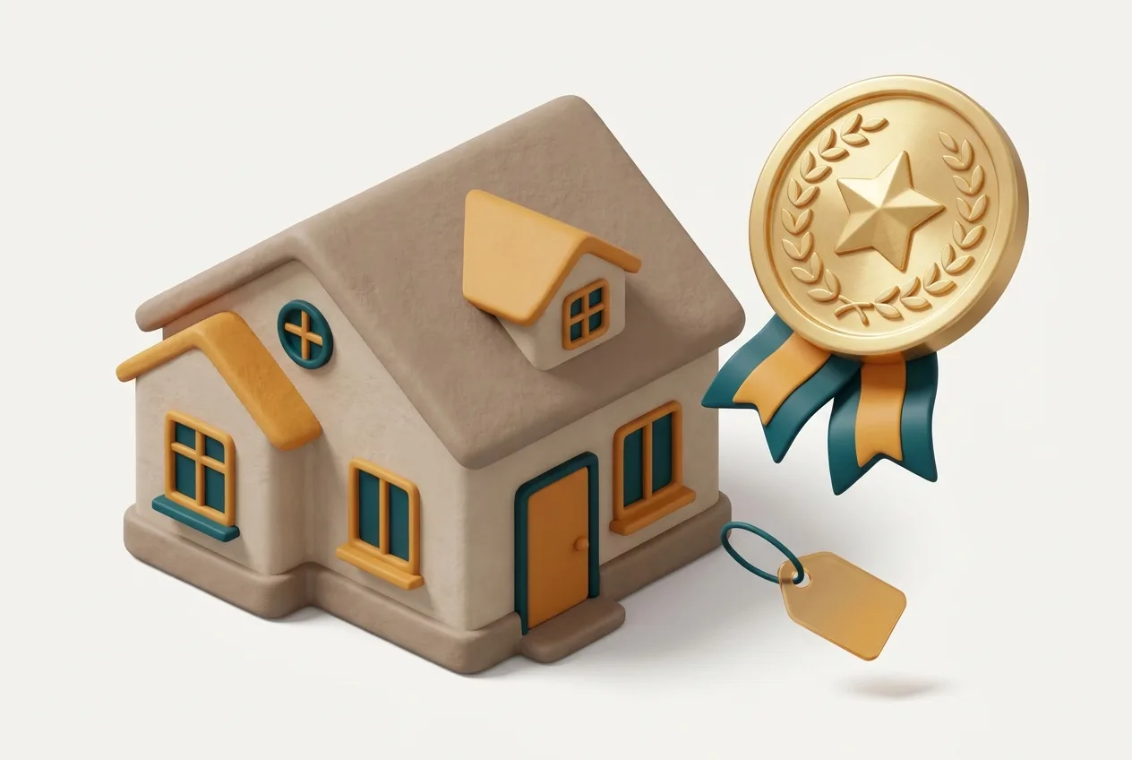 Haus mit Goldmedaille und Preisschild als Symbol für die InterRisk XXL-Wohngebäudeversicherung