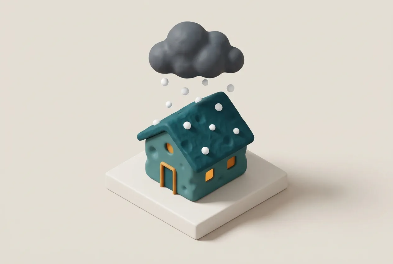 Haus mit dunkler Wolke und Hagelkörnern auf dem zerbeulten Dach als Symbol für einen Hagelschaden