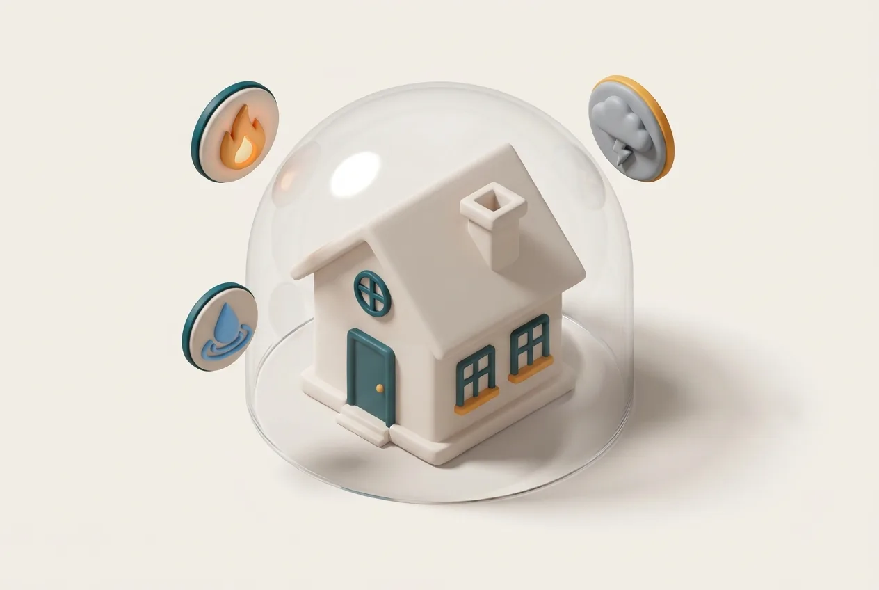 Haus unter einer Schutzkuppel mit Symbolen für Feuer, Wasser und Sturm als versicherte Gefahren