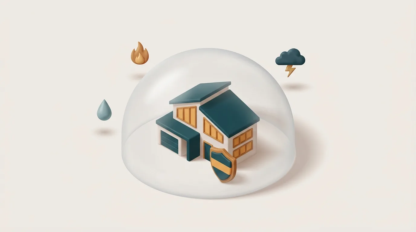 Modernes Haus unter einer schützenden Kuppel mit Symbolen für Feuer, Wasser und Sturm