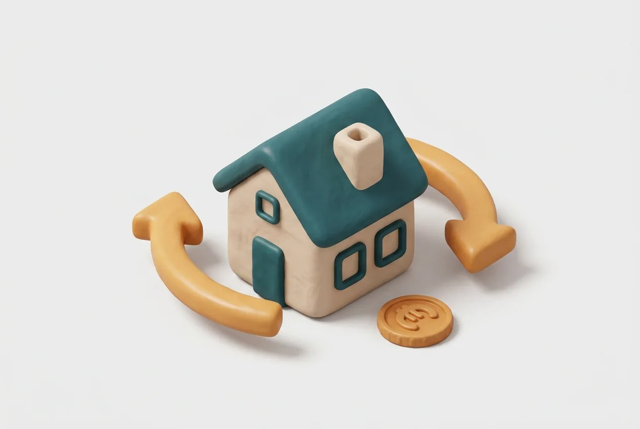 Modellhaus mit zwei Wechselpfeilen und einer Euro-Münze als Symbol für den Wechsel der Gebäudeversicherung